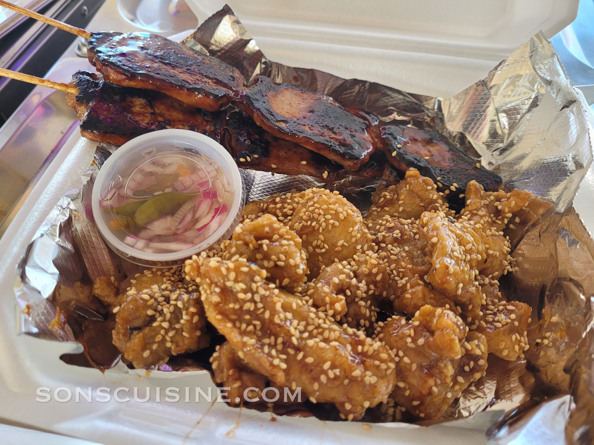 Orange Chicken and BBQ Pork on a Stick